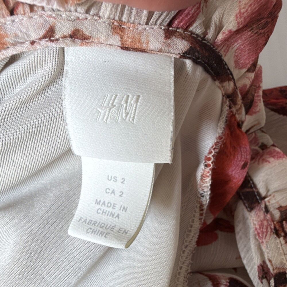 H&M Ivory Red Floral Chiffon Mini Dress 2 V-Neck Balloon Long Sleeve Lined - Picture 11 of 13